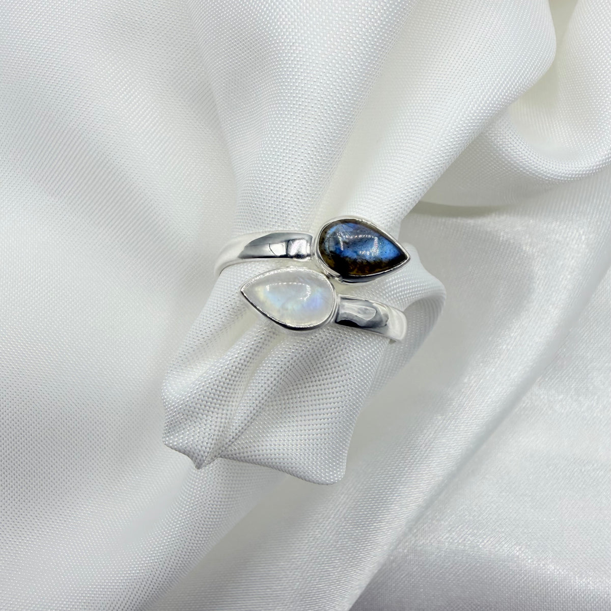 Anello Double Labradorite Bianca e Grigia - Argento 925