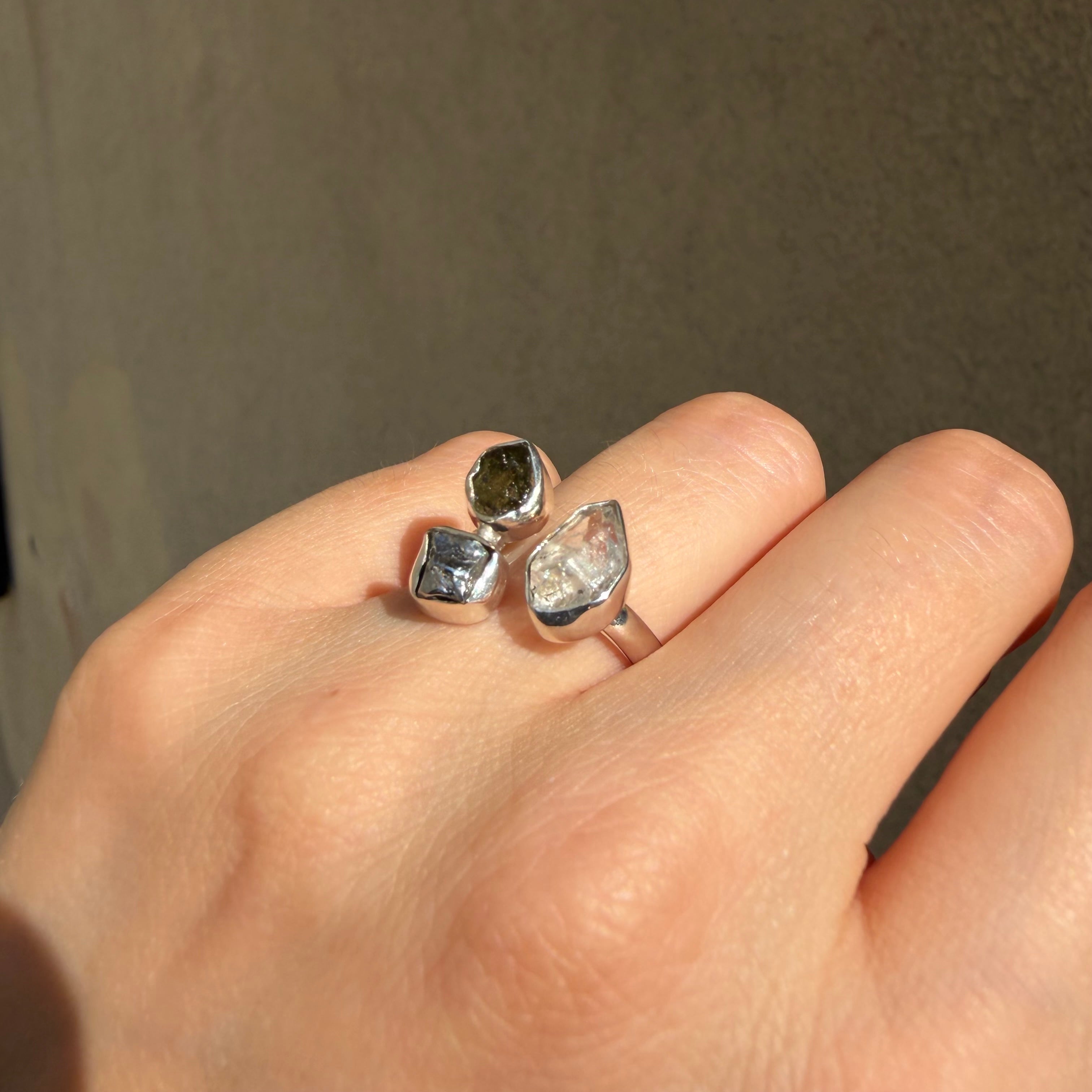 Anello Moldavite, Campo del Cielo e Diamante Herkimer | Argento 925
