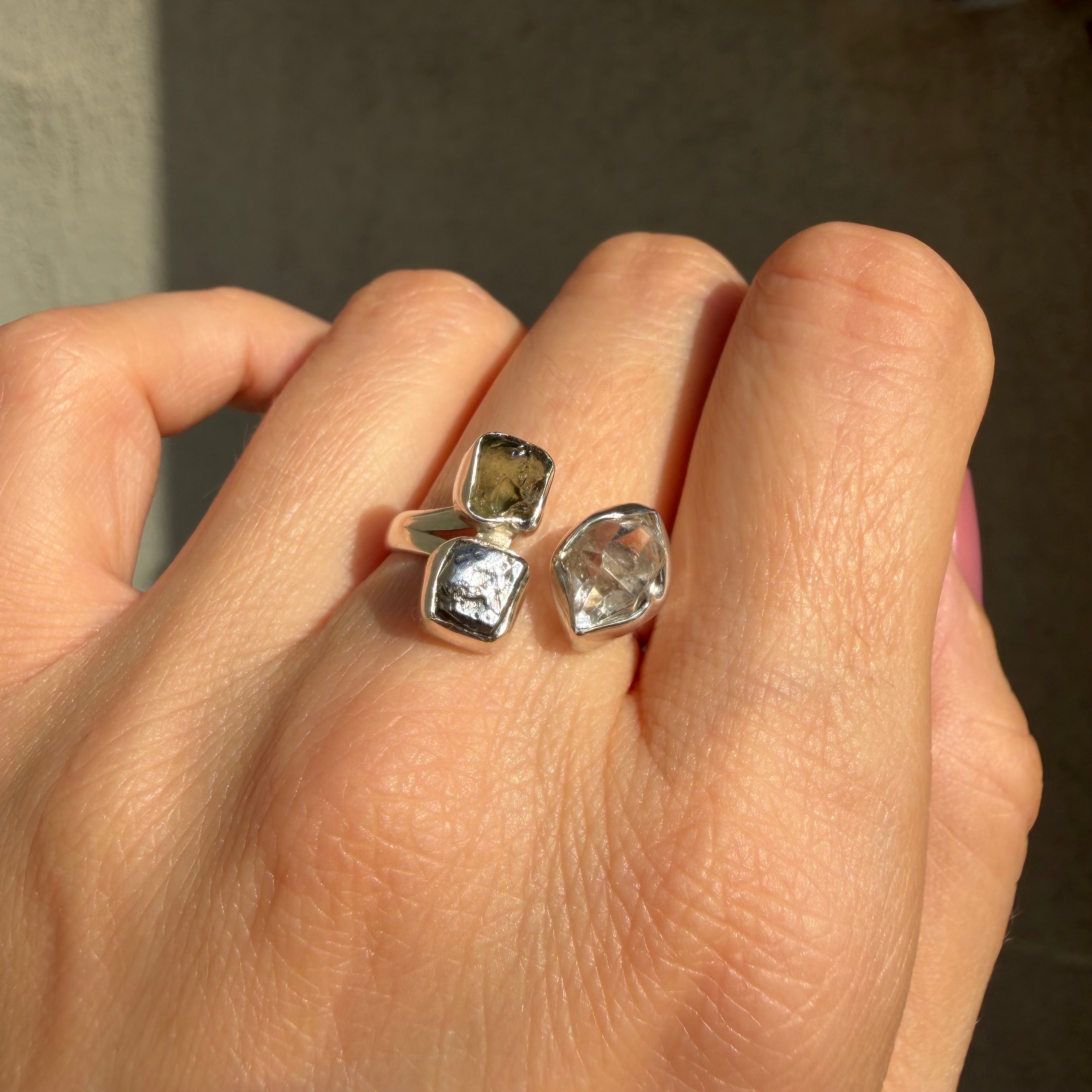 Anello Moldavite, Campo del Cielo e Diamante Herkimer | Argento 925