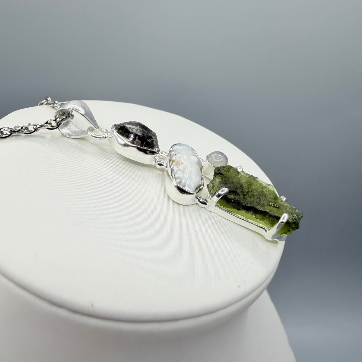 Ciondolo Moldavite, Madreperla, Labradorite, Diamante Herkimer - Argento 925