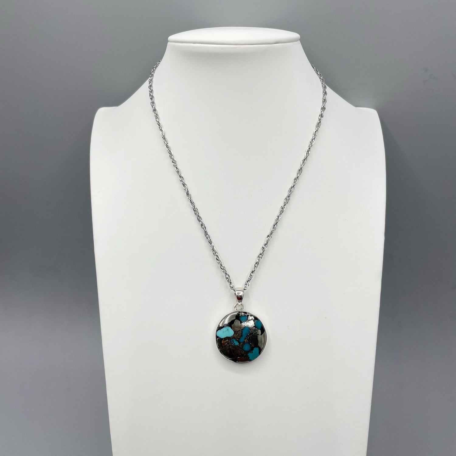 Ciondolo Turchese Naturale in Pirite | Argento 925 - Tondo