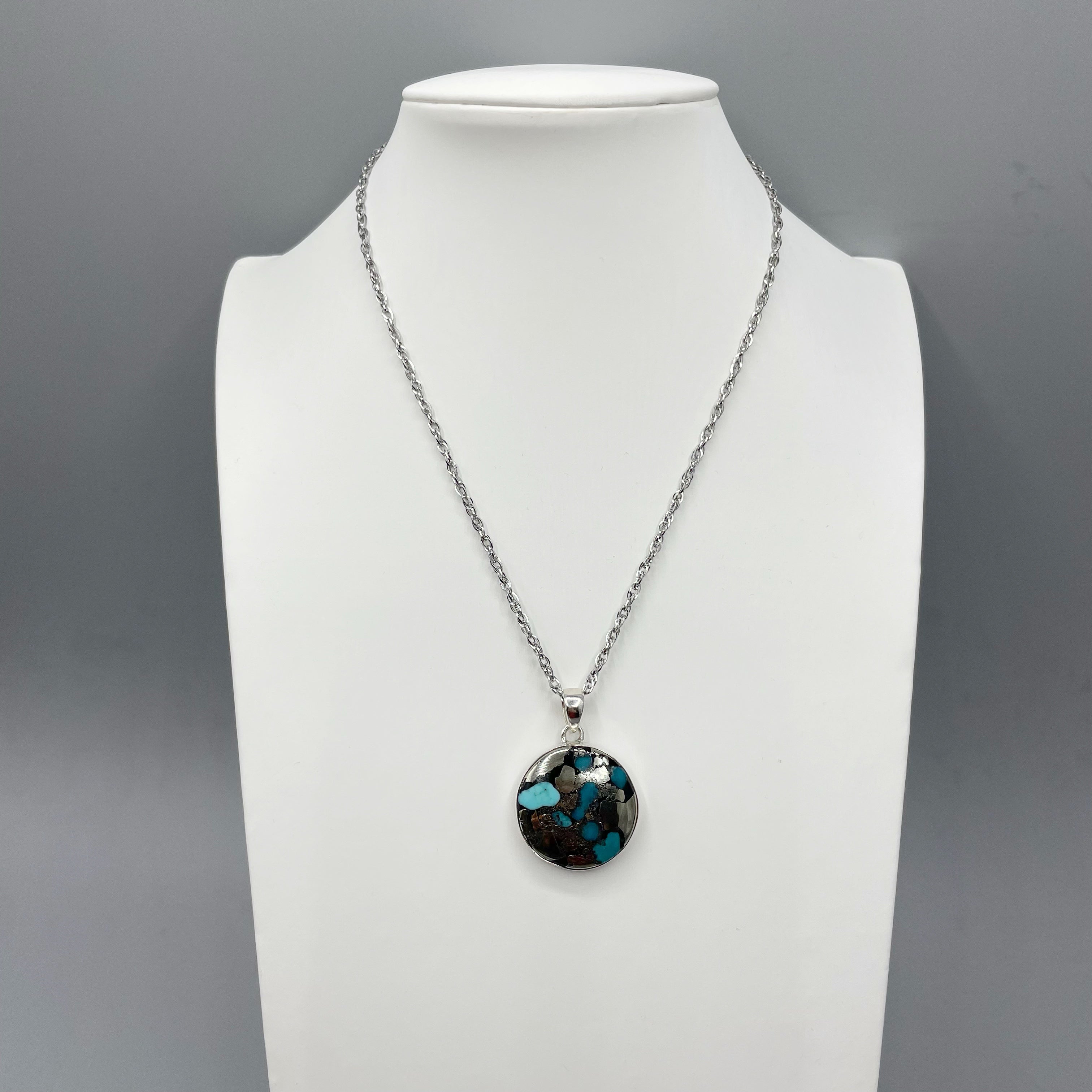 Ciondolo Turchese Naturale in Pirite | Argento 925 - Tondo
