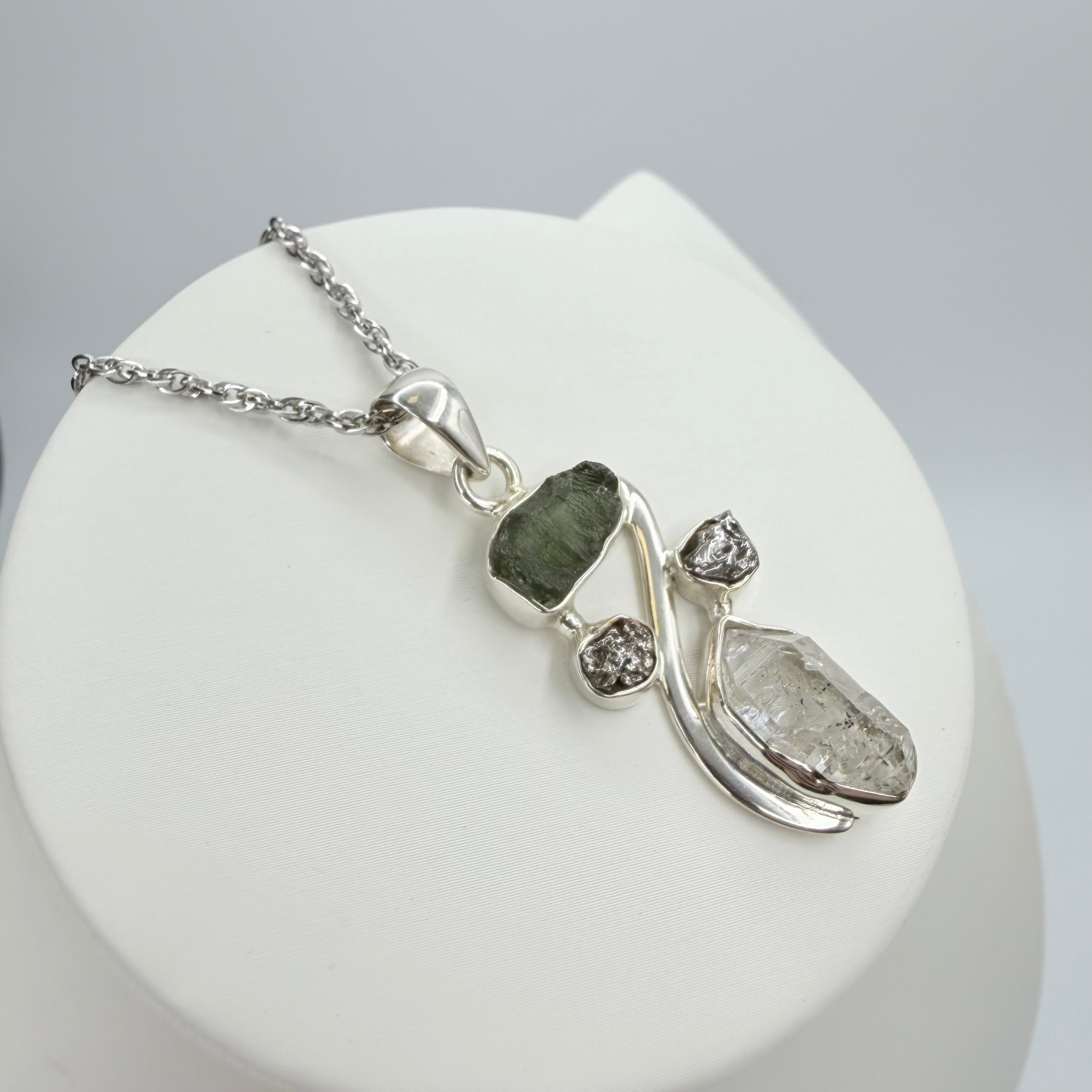 Ciondolo Moldavite, Campo del Cielo, Diamante Herkimer - Argento 925
