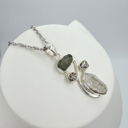 Ciondolo Moldavite, Campo del Cielo, Diamante Herkimer - Argento 925