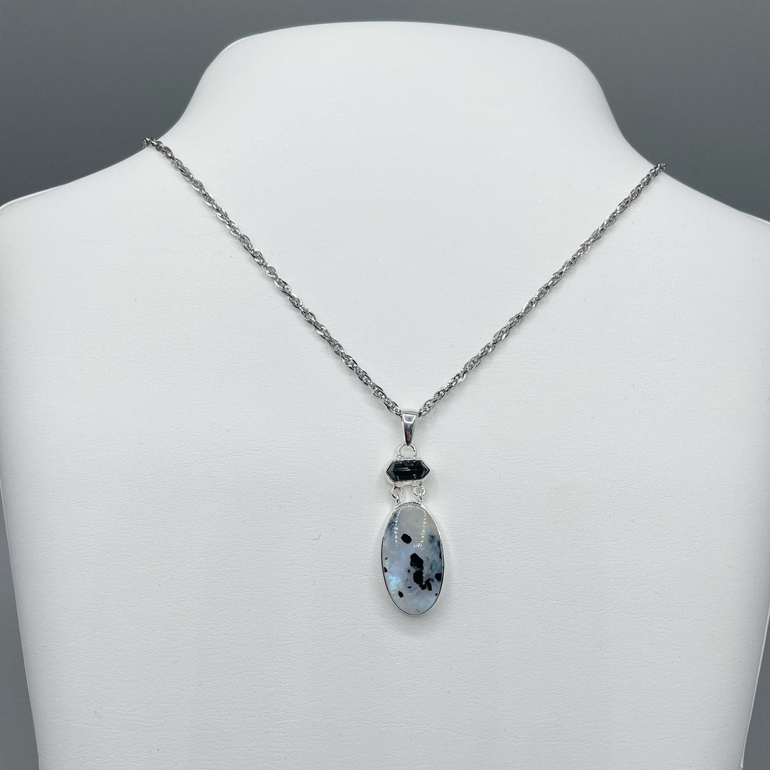 Ciondolo Labradorite e Tormalina Ovale allungato - Argento 925