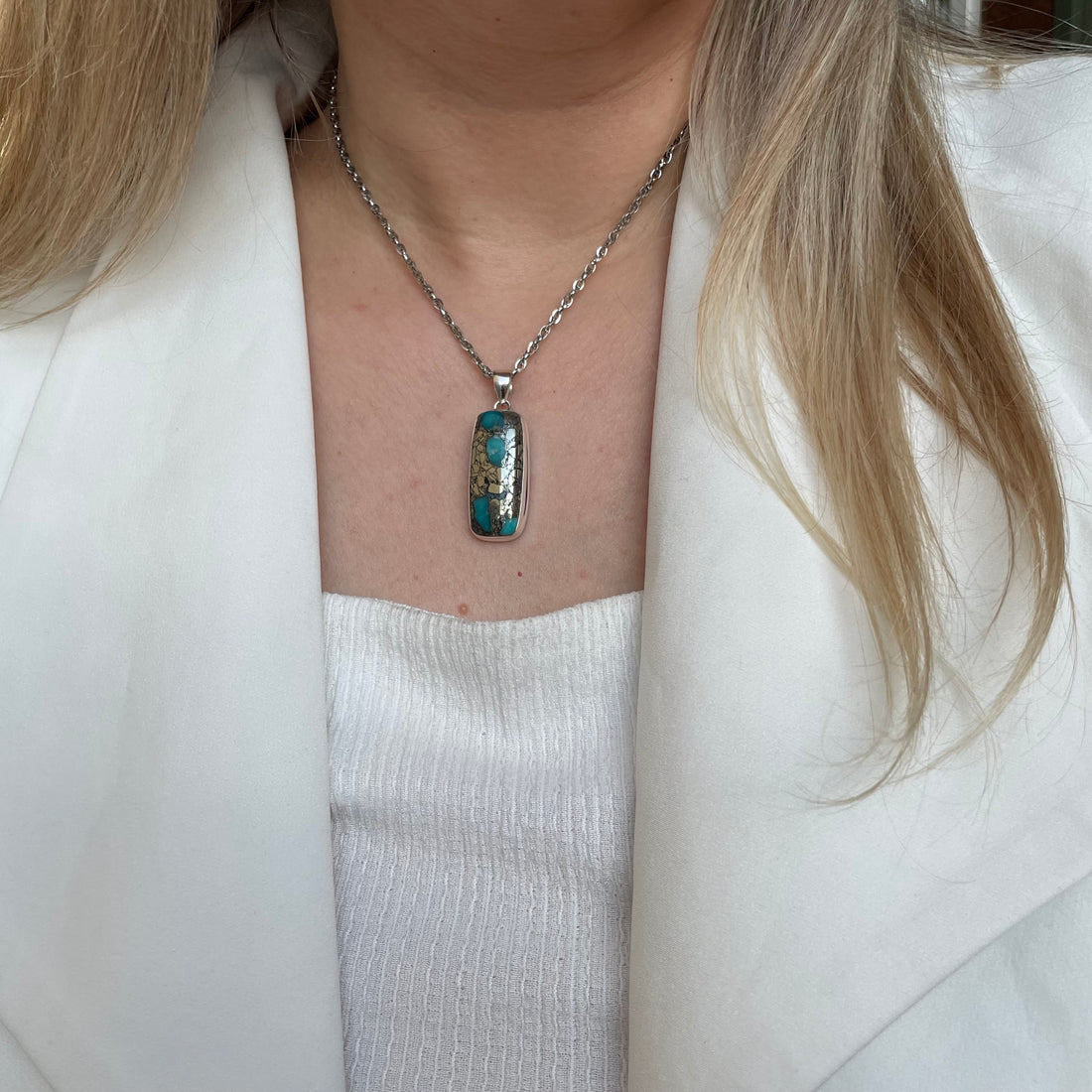 Ciondolo Turchese Naturale in Pirite | Argento 925 - rettangolare