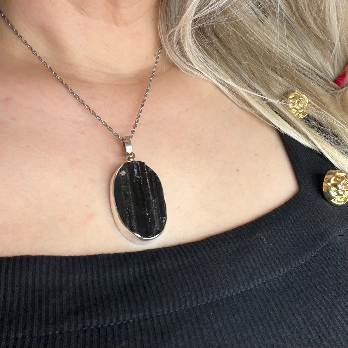 Ciondolo Tormalina Nera Grezza - Argento 925 - Ovale Grande