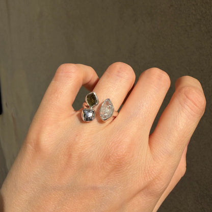 Anello Moldavite, Campo del Cielo e Diamante Herkimer | Argento 925