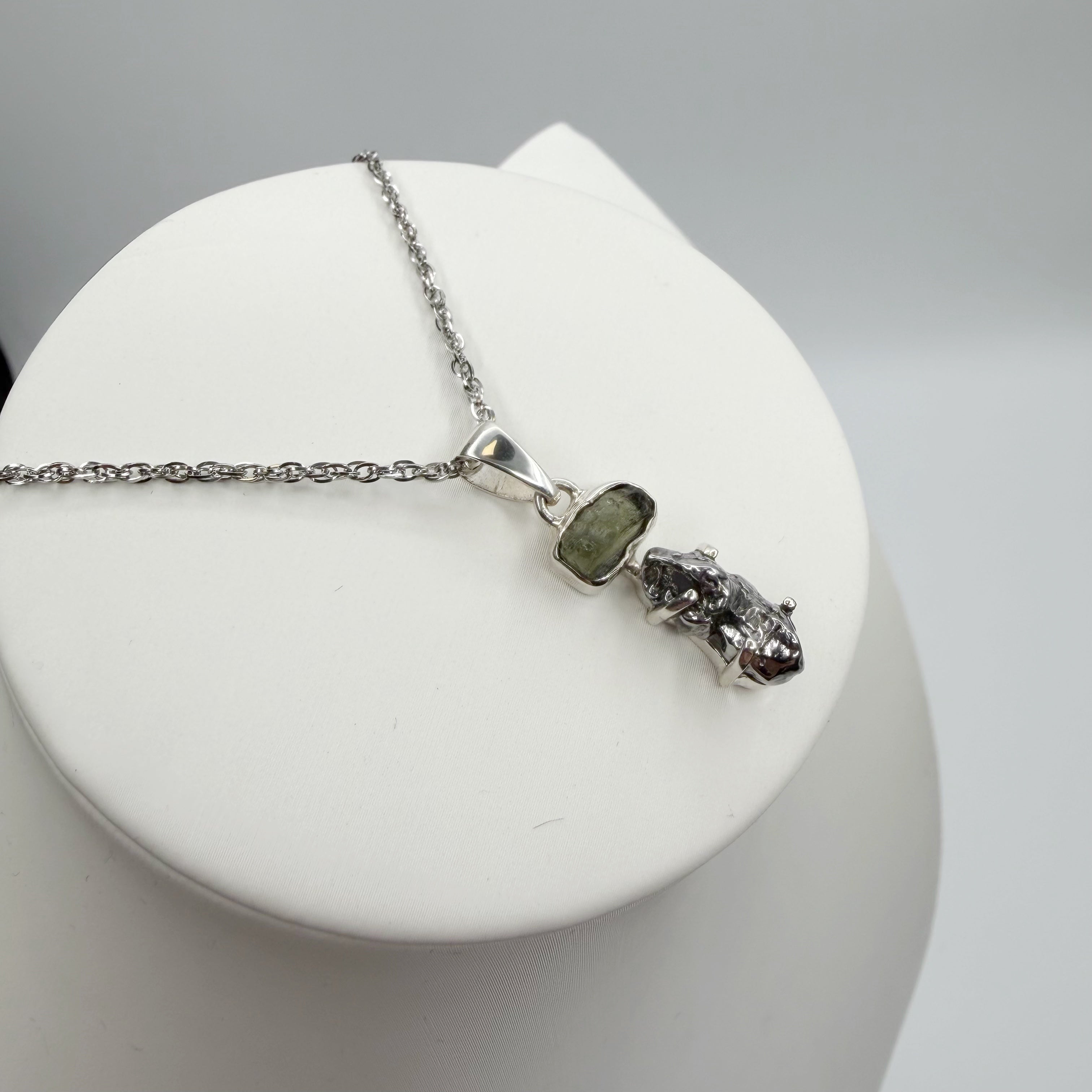 Ciondolo Moldavite e Meteorite Campo del Cielo - Argento 925