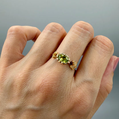 Anello Peridoto e Granato | Argento 925 placcato oro 14k - NON REGOLABILE