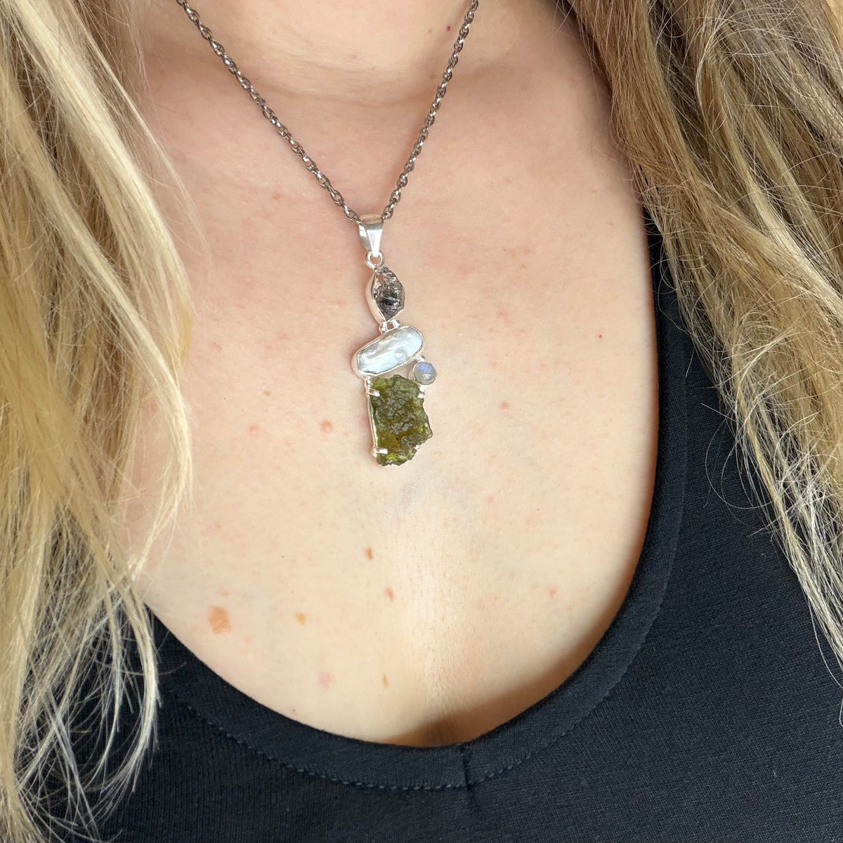 Ciondolo Moldavite, Madreperla, Labradorite, Diamante Herkimer - Argento 925