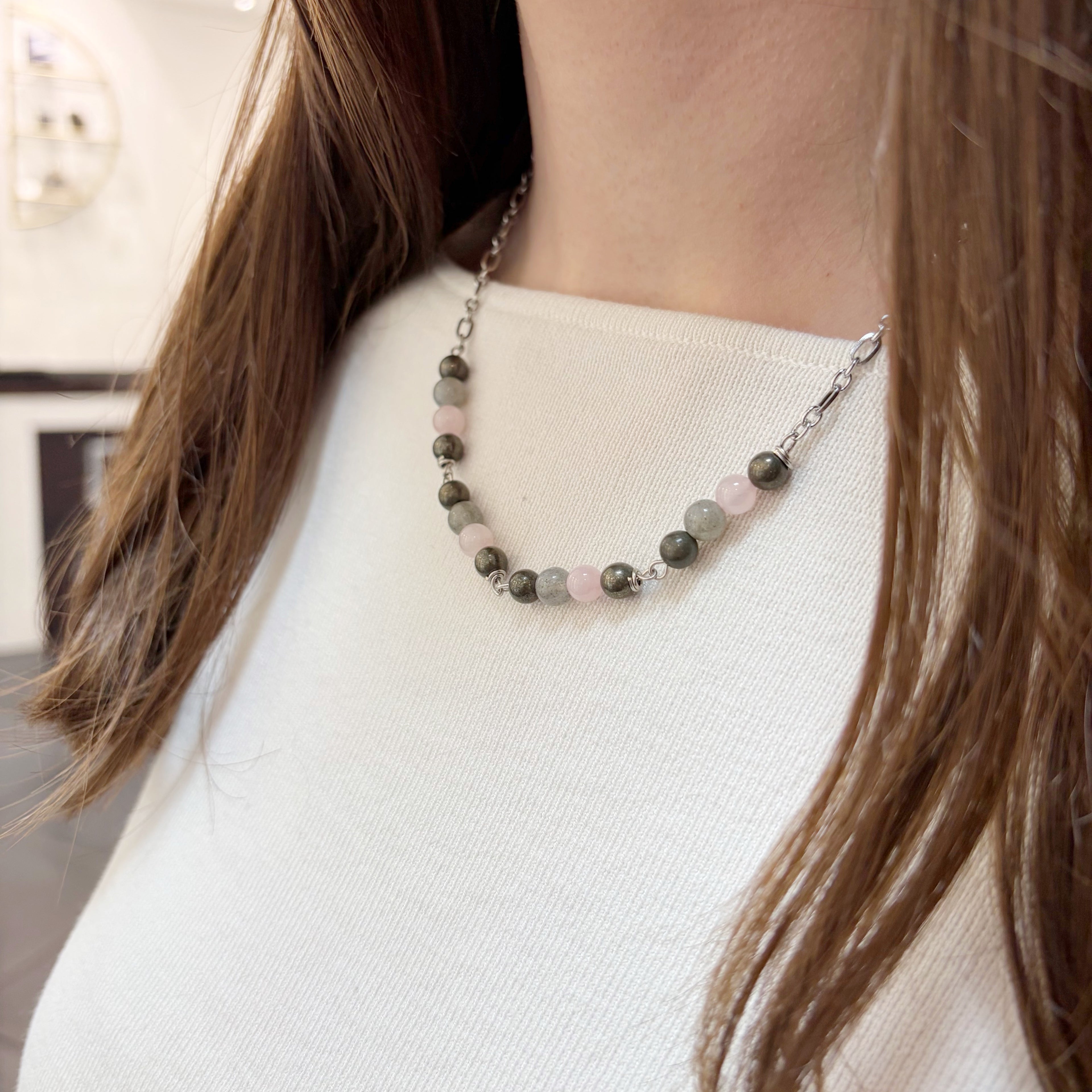 Girocollo Abbondanza - Pirite, Quarzo Rosa, Labradorite