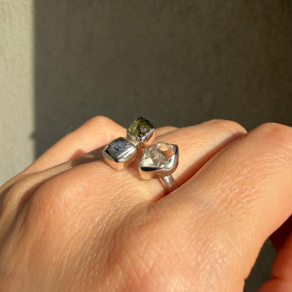 Anello Moldavite, Campo del Cielo e Diamante Herkimer | Argento 925