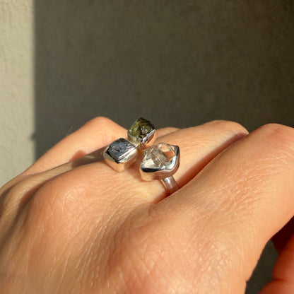 Anello Moldavite, Campo del Cielo e Diamante Herkimer | Argento 925
