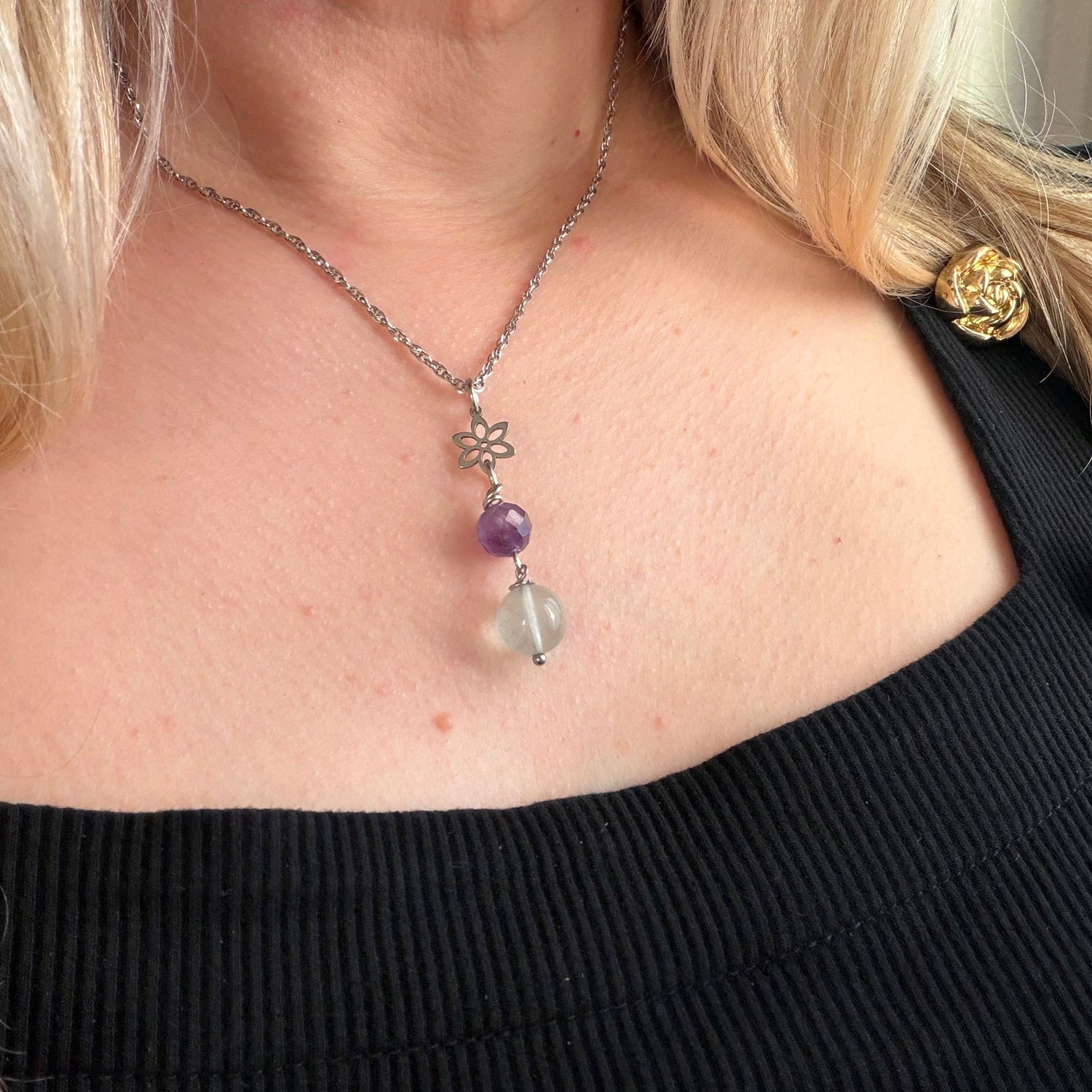 Ciondolo Serenità - Ametista e Fluorite - acciaio inossidabile