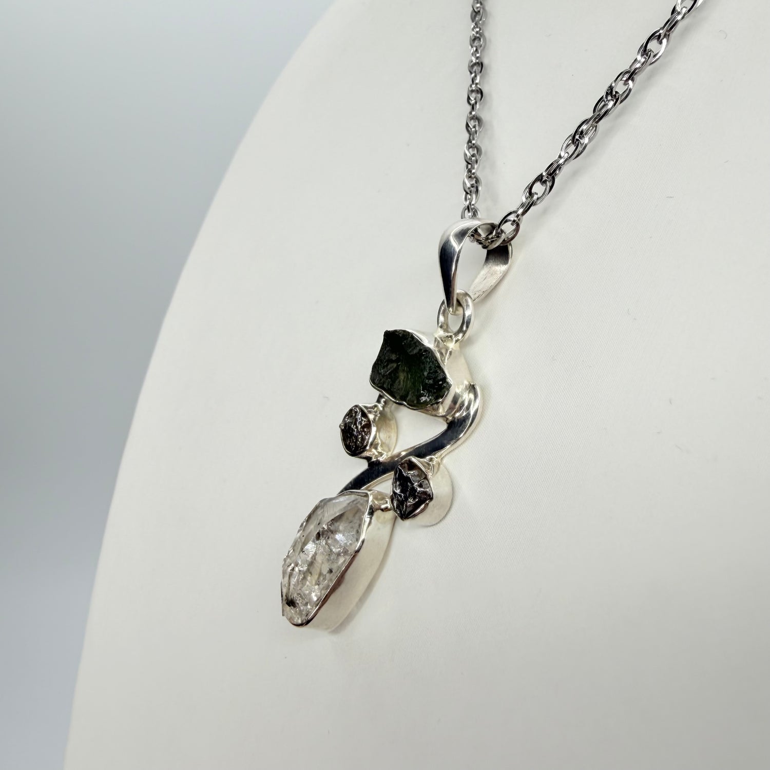 Ciondolo Moldavite, Campo del Cielo, Diamante Herkimer - Argento 925
