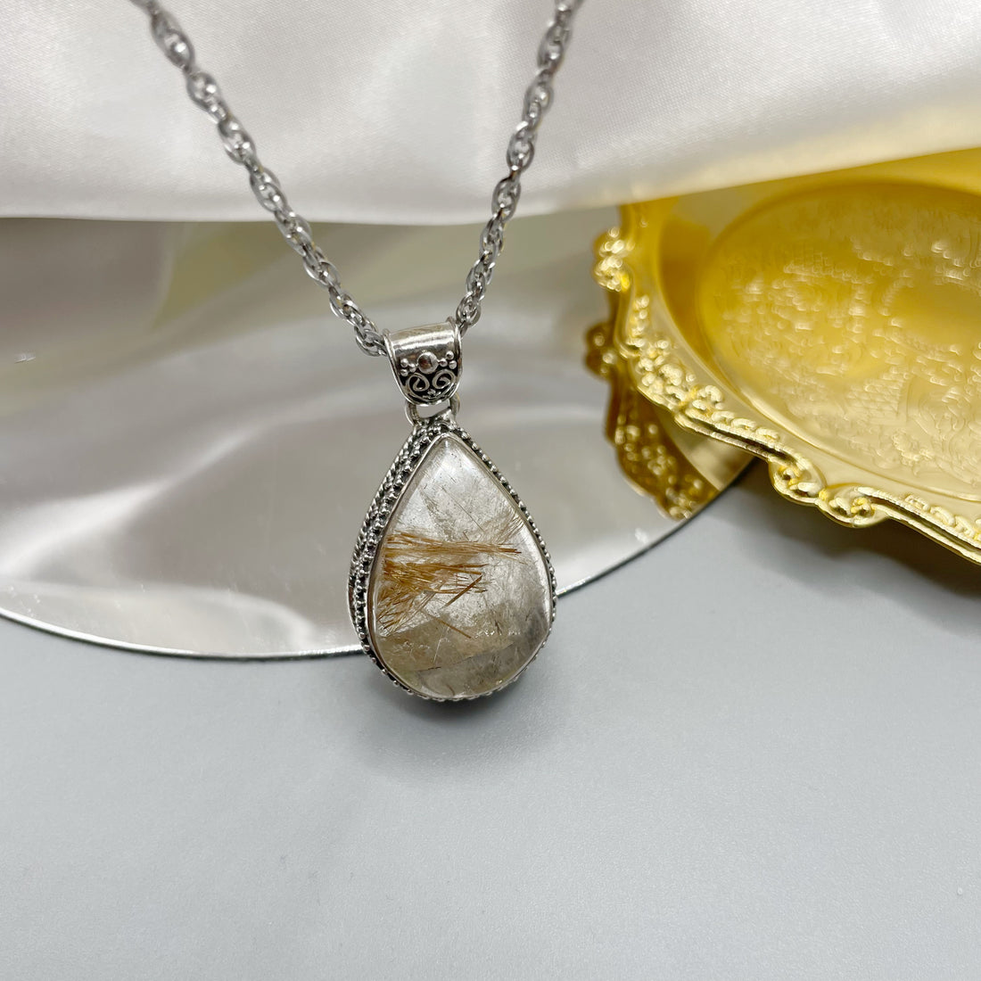 Ciondolo Quarzo Rutilato Dorato - Argento 915 - A Goccia