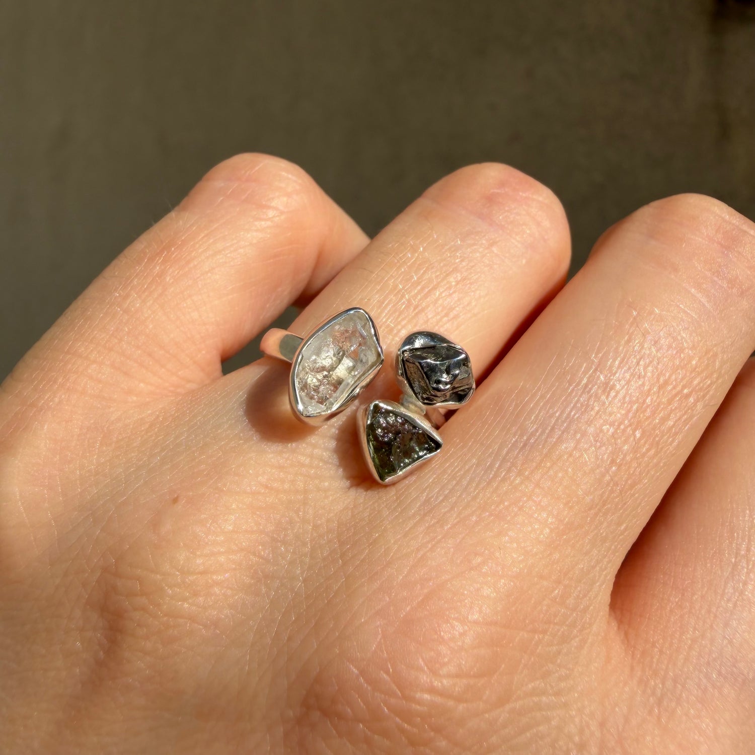 Anello Moldavite, Campo del Cielo e Diamante Herkimer | Argento 925
