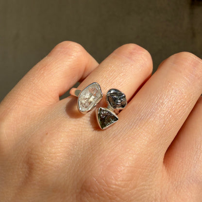 Anello Moldavite, Campo del Cielo e Diamante Herkimer | Argento 925
