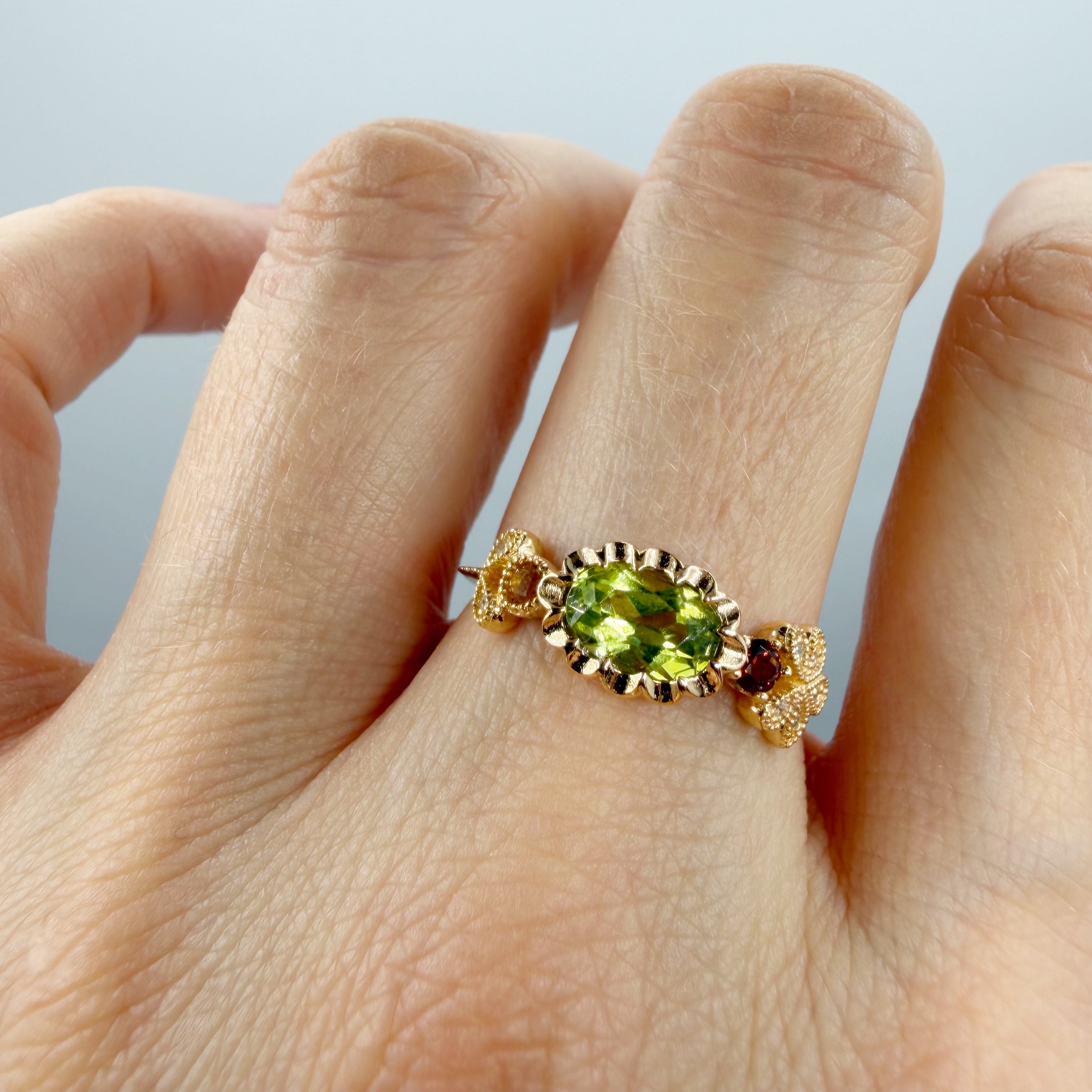 Anello Peridoto e Granato | Argento 925 placcato oro 14k - NON REGOLABILE