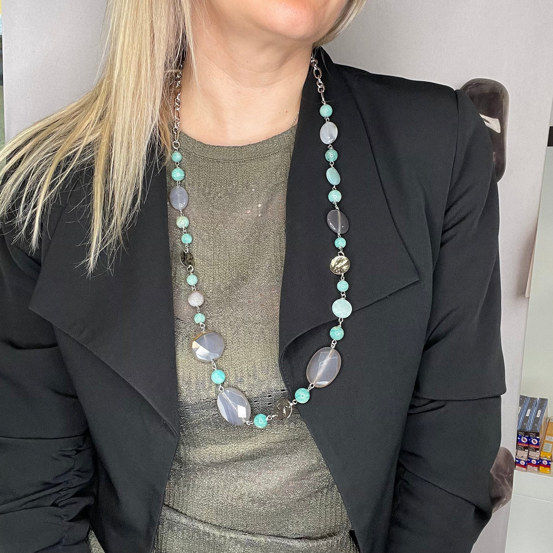 Collana lunga Amazzonite e Agata Grigia