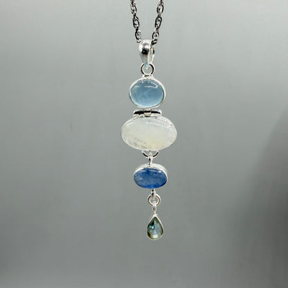 Ciondolo Acquamarina, Labradorite, Cianite, Quarzo - Argento 925