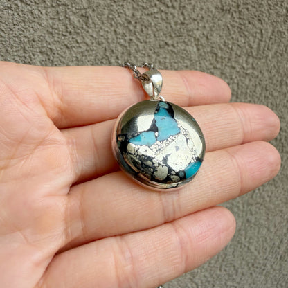 Ciondolo Turchese Naturale in Pirite | Argento 925 - Tondo