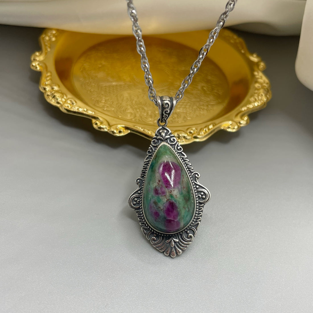 Ciondolo Rubino Fuchsite a Goccia - Argento 925