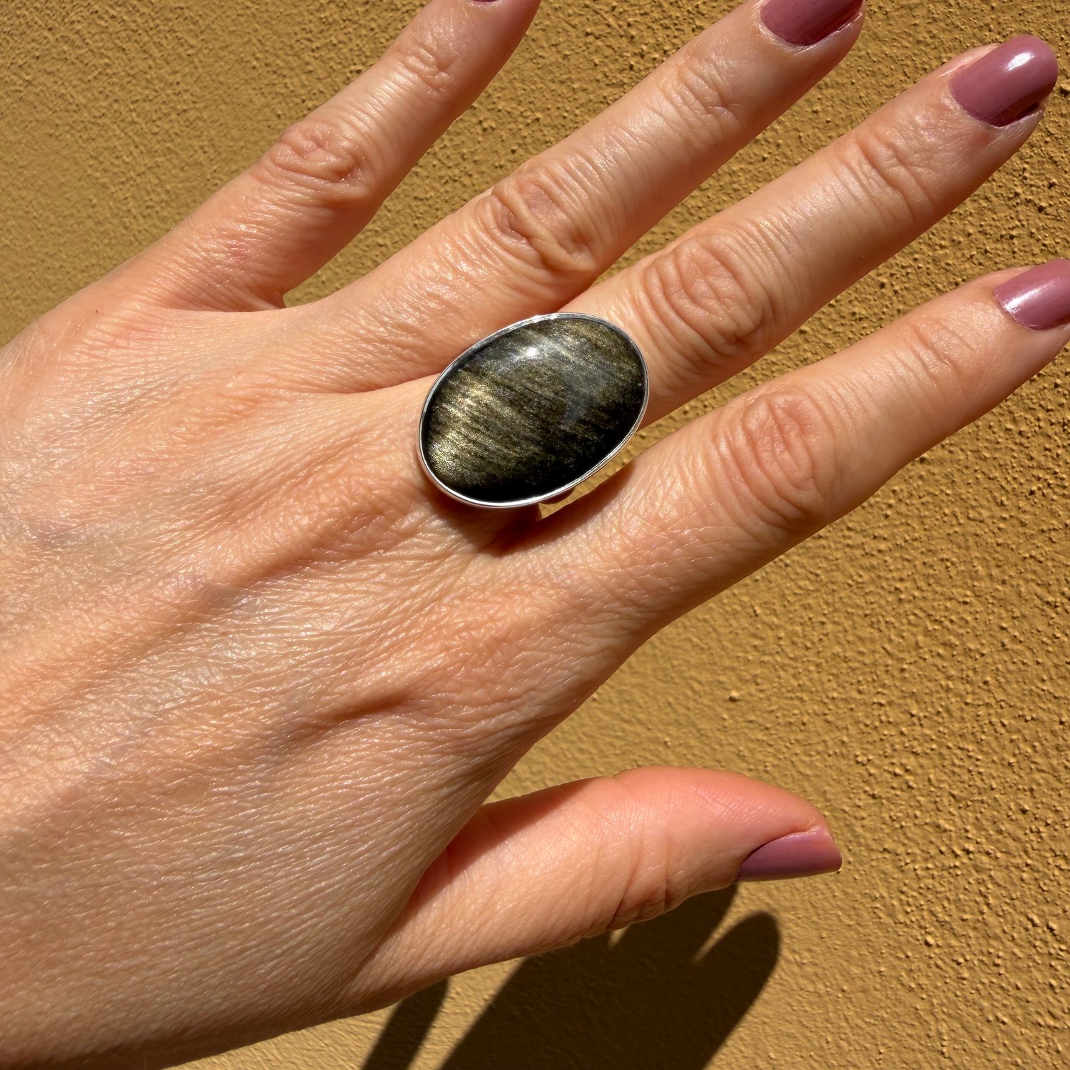 Anello Ossidiana Dorata Ovale - Argento 925