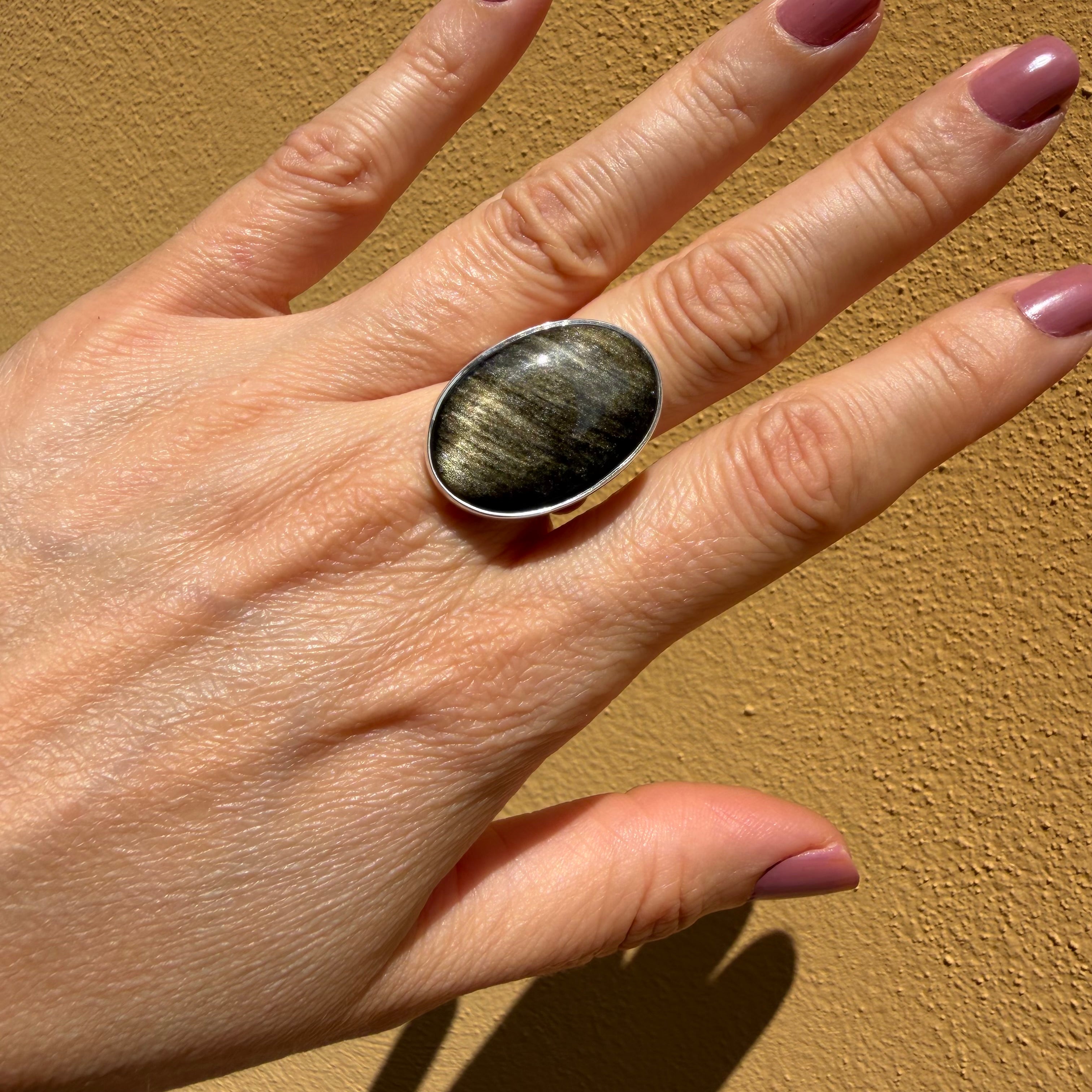 Anello Ossidiana Dorata Ovale - Argento 925