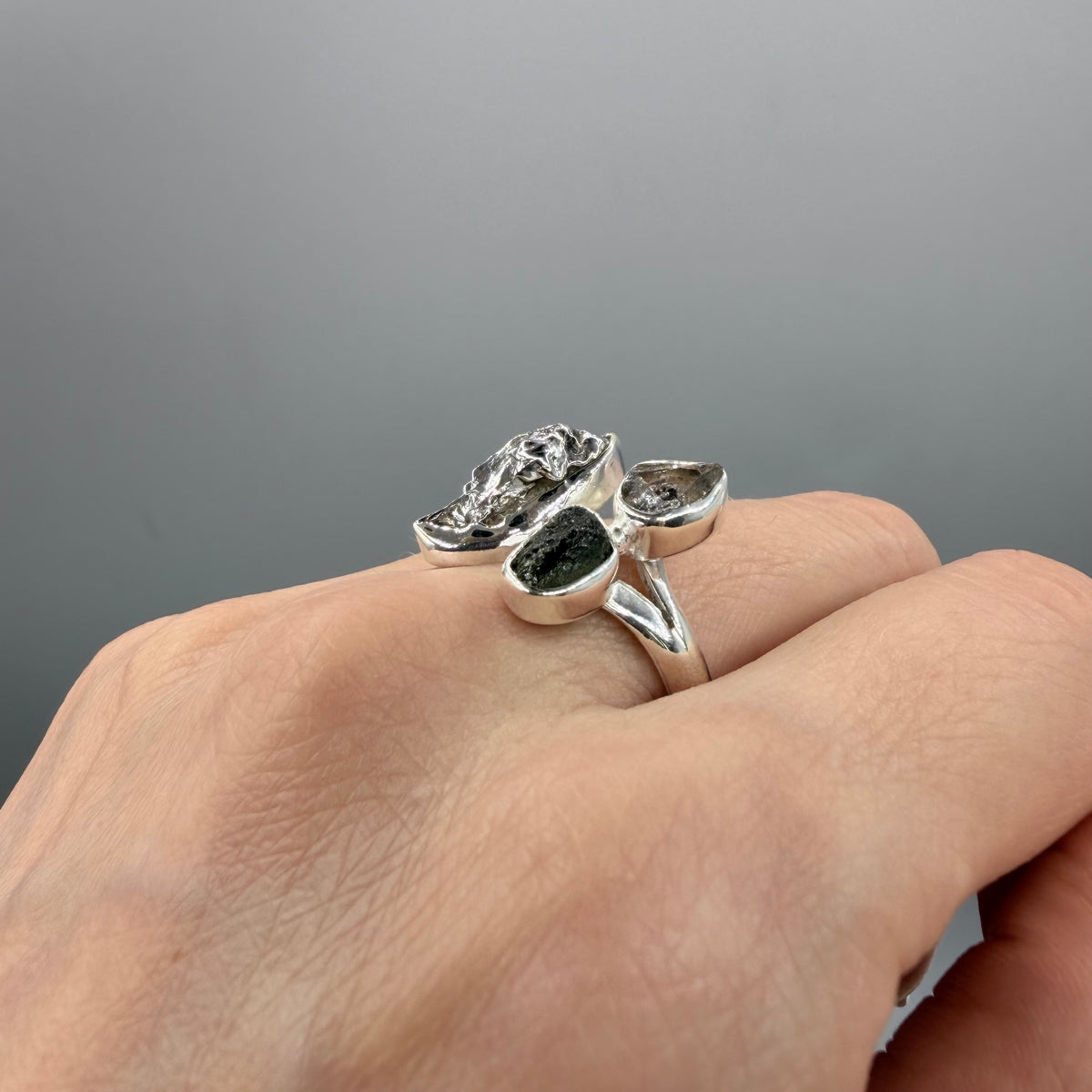 Anello Moldavite, Campo del Cielo e Diamante Herkimer | Argento 925