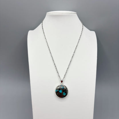 Ciondolo Turchese Naturale in Pirite | Argento 925 - Tondo