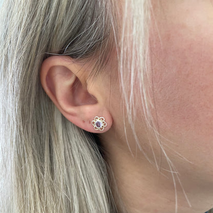 Orecchini a lobo con Fiore e Ametista - Argento 925