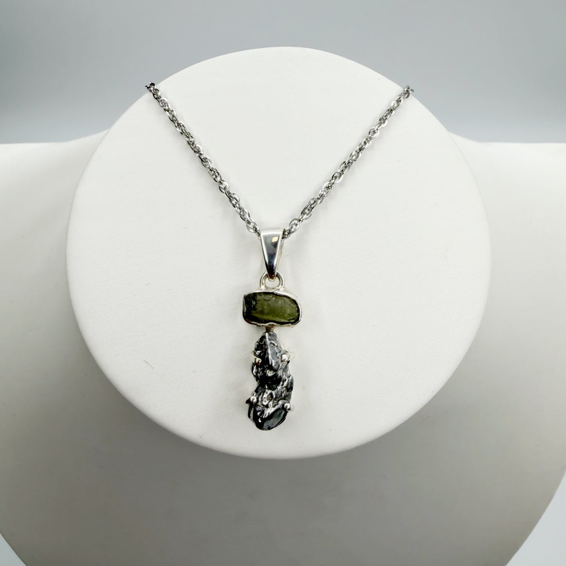 Ciondolo Moldavite e Meteorite Campo del Cielo - Argento 925