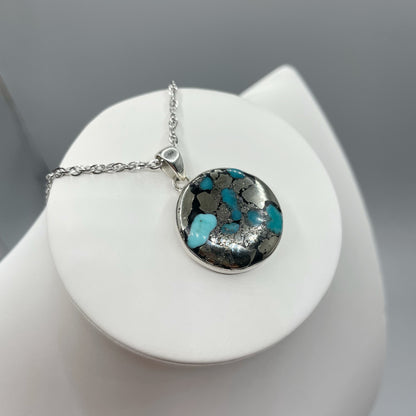 Ciondolo Turchese Naturale in Pirite | Argento 925 - Tondo