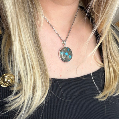 Ciondolo Turchese Naturale in Pirite | Argento 925 - Tondo