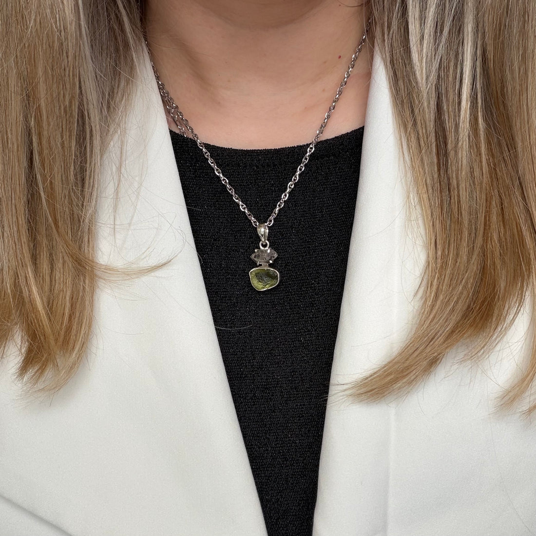 Ciondolo Moldavite e Diamante Herkimer e Argento 925