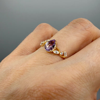 Anello Ametista a Goccia | Argento 925 placcato oro 14k - NON REGOLABILE