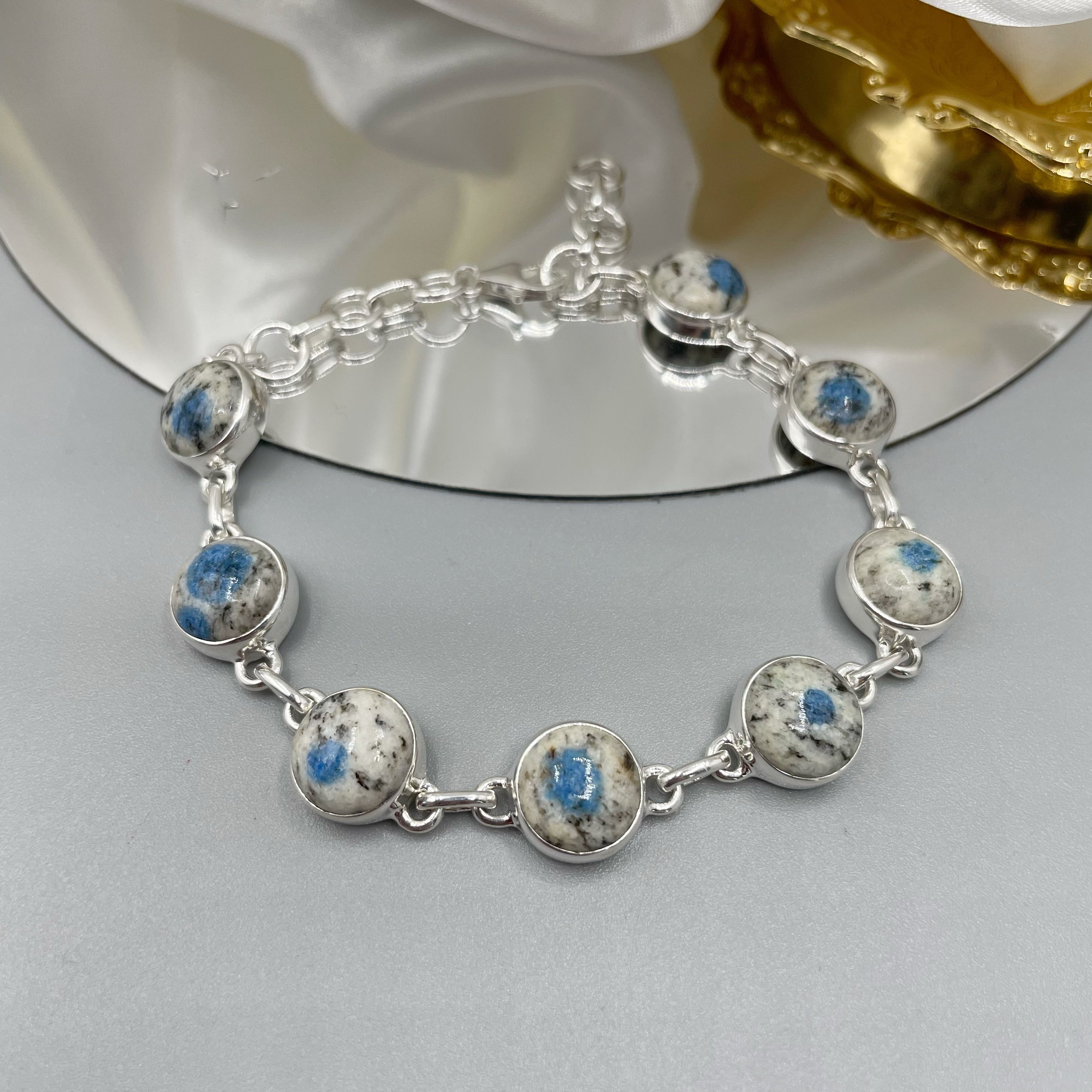 Bracciale Azzurrite in Granito (K2) e Argento 925 - tondo