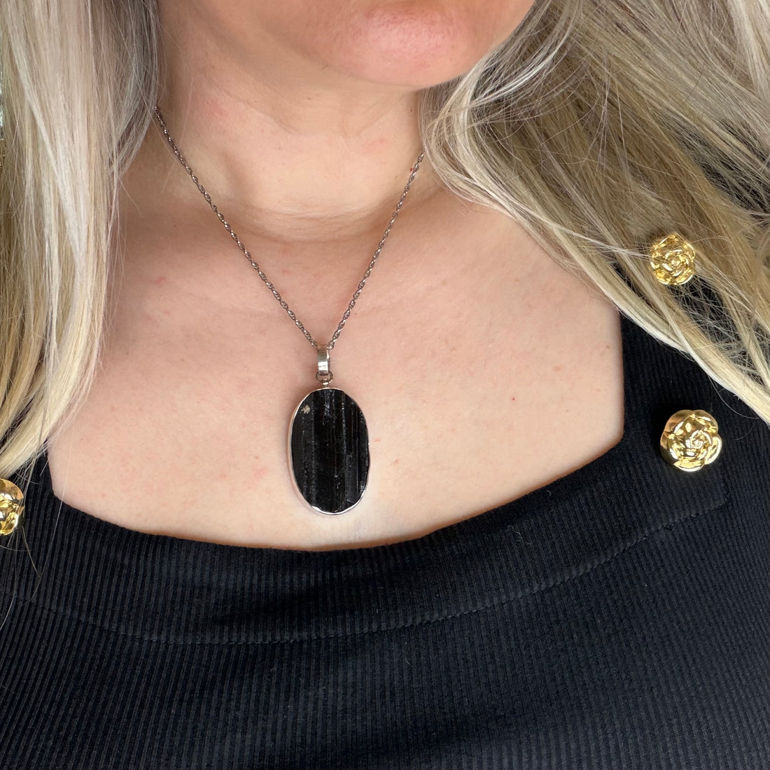 Ciondolo Tormalina Nera Grezza - Argento 925 - Ovale Grande