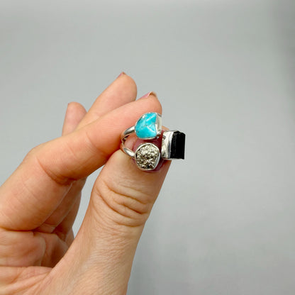 Anello Pirite, Turchese, Tormalina - Argento 925