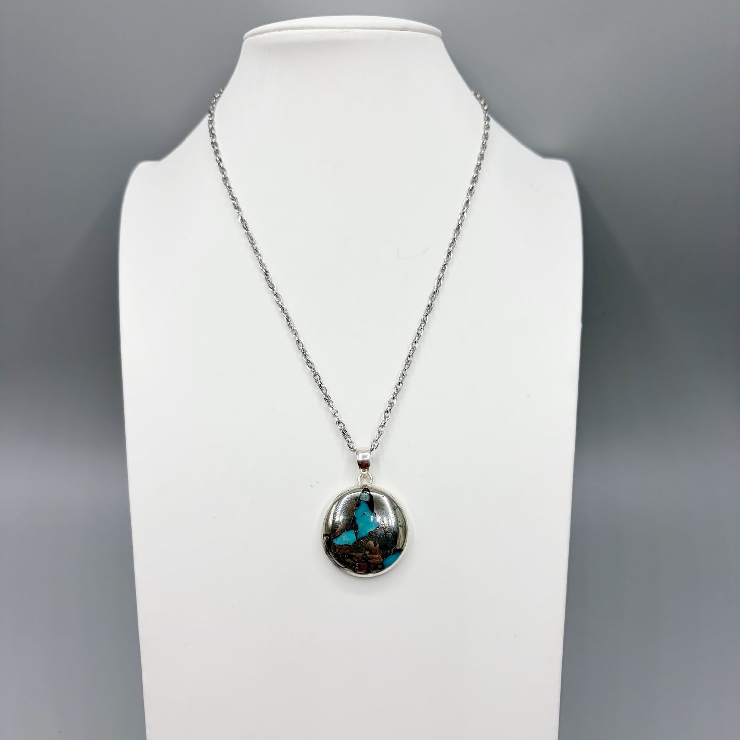 Ciondolo Turchese Naturale in Pirite | Argento 925 - Tondo