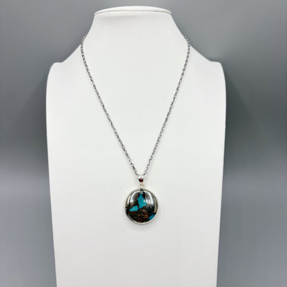 Ciondolo Turchese Naturale in Pirite | Argento 925 - Tondo