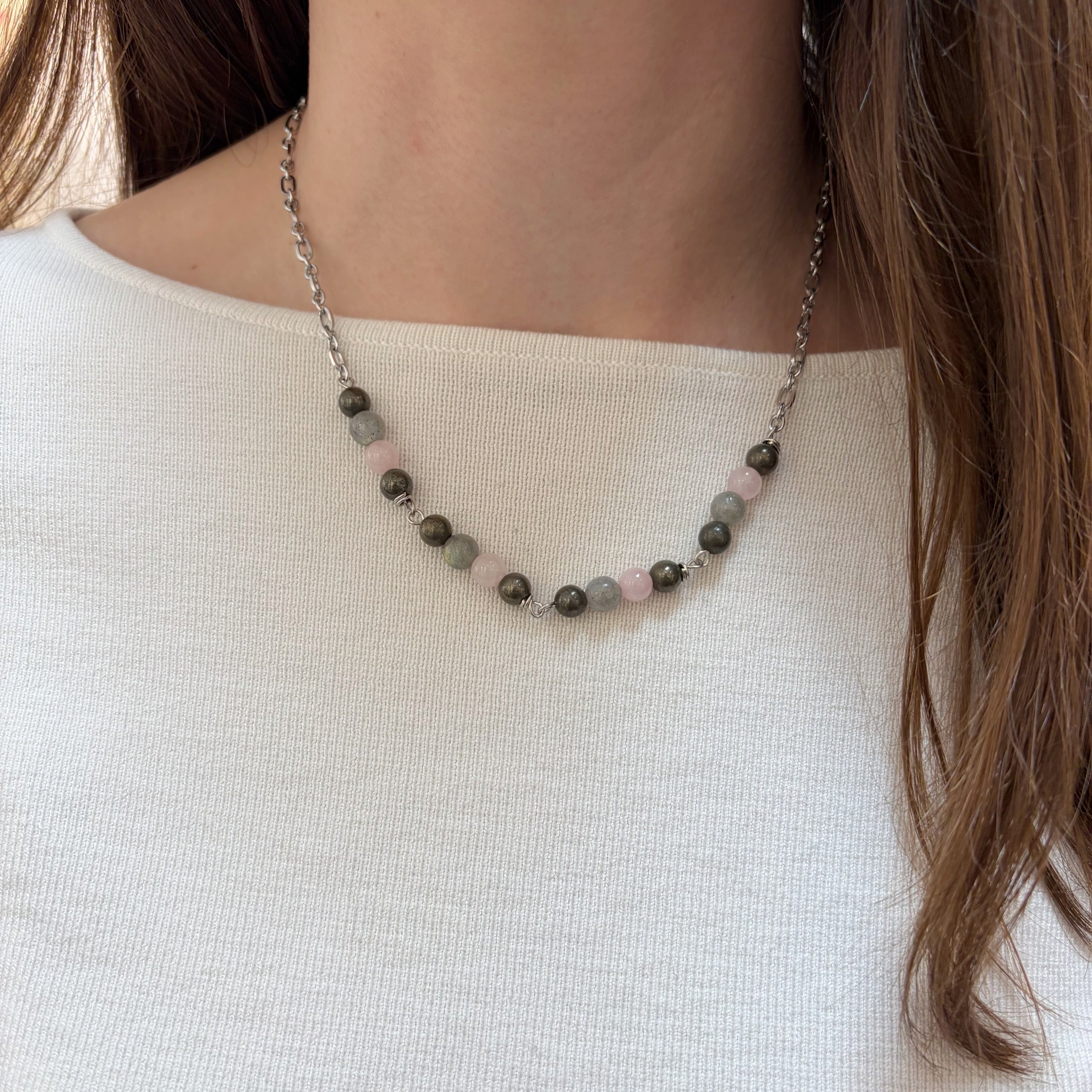 Girocollo Abbondanza - Pirite, Quarzo Rosa, Labradorite
