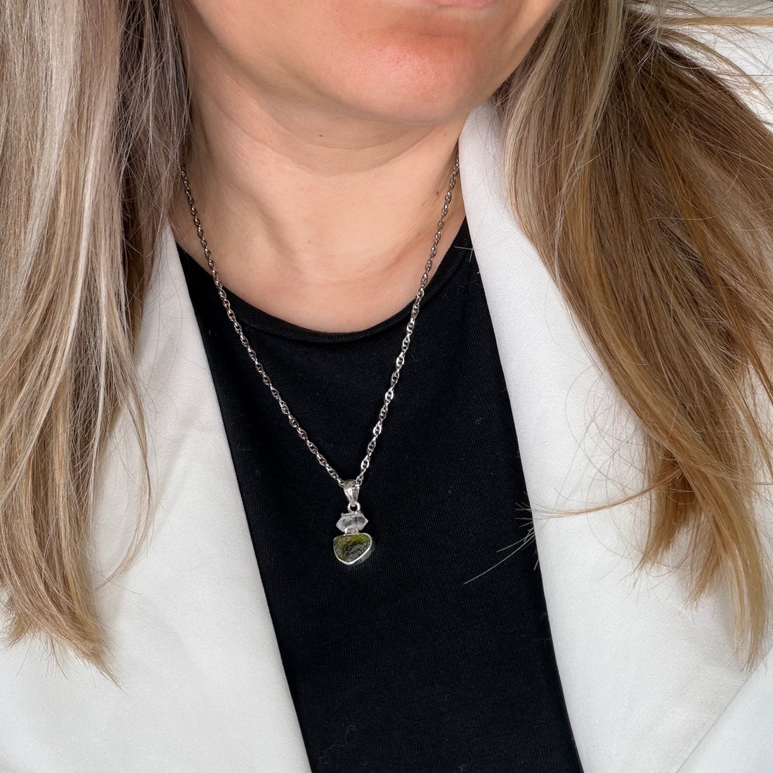 Ciondolo Moldavite e Diamante Herkimer e Argento 925