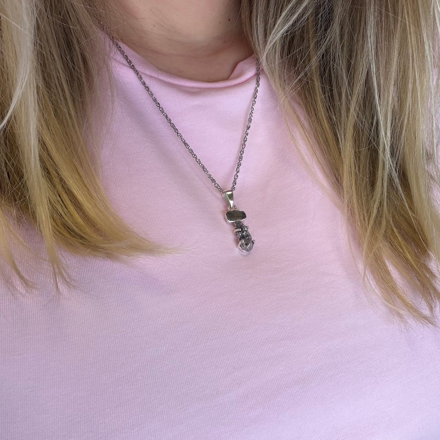 Ciondolo Moldavite e Meteorite Campo del Cielo - Argento 925