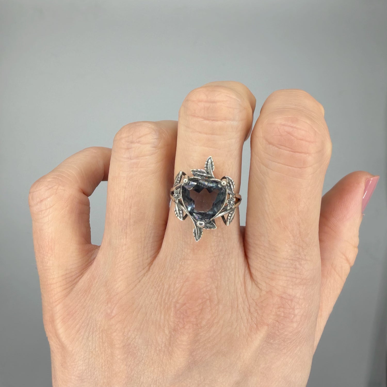 Anello Fluorite Cuore Foglioline - Argento 925