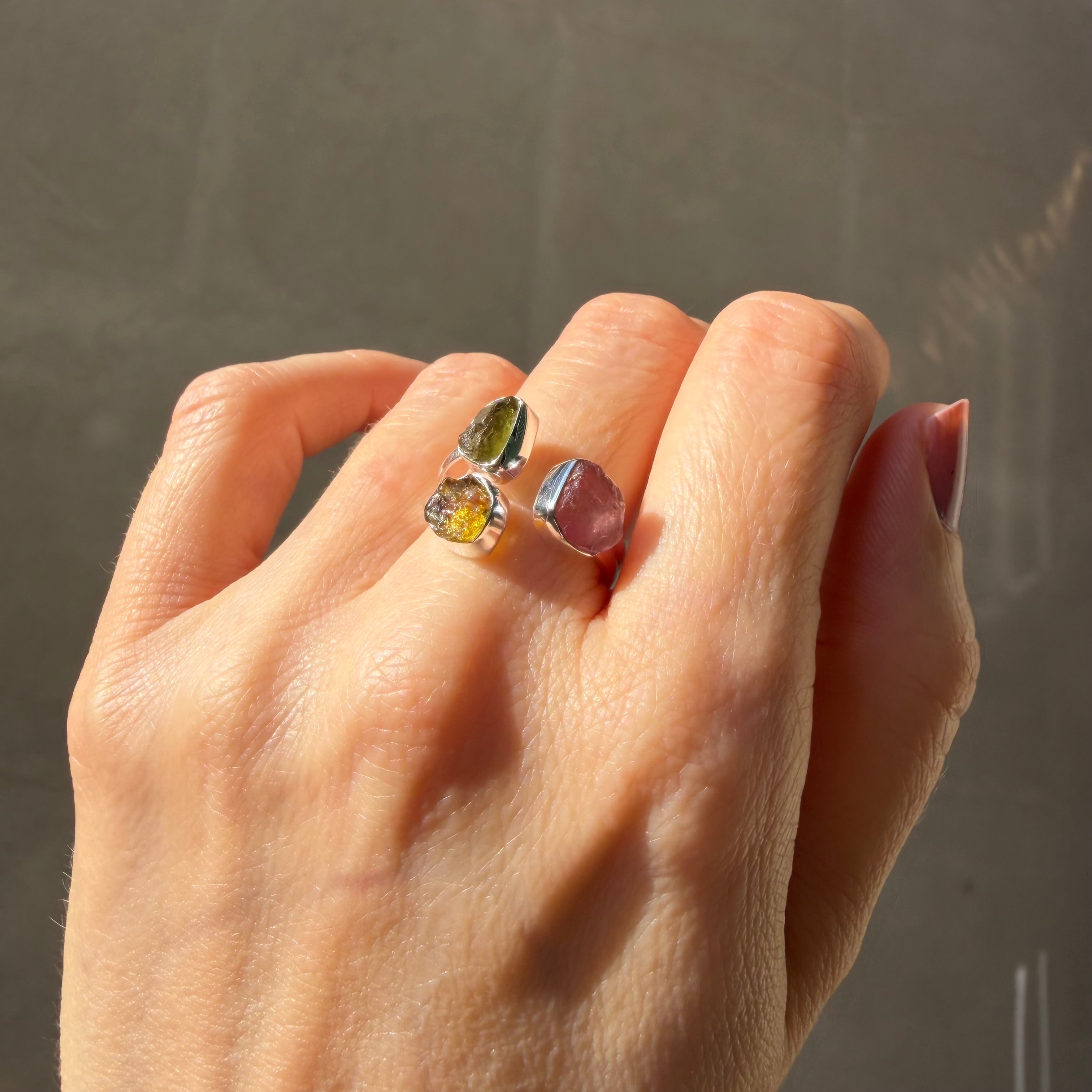 Anello Moldavite e Tormalina Policroma - Argento 925
