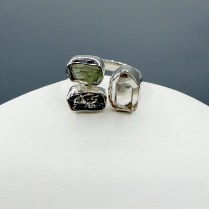 Anello Moldavite, Campo del Cielo e Diamante Herkimer | Argento 925