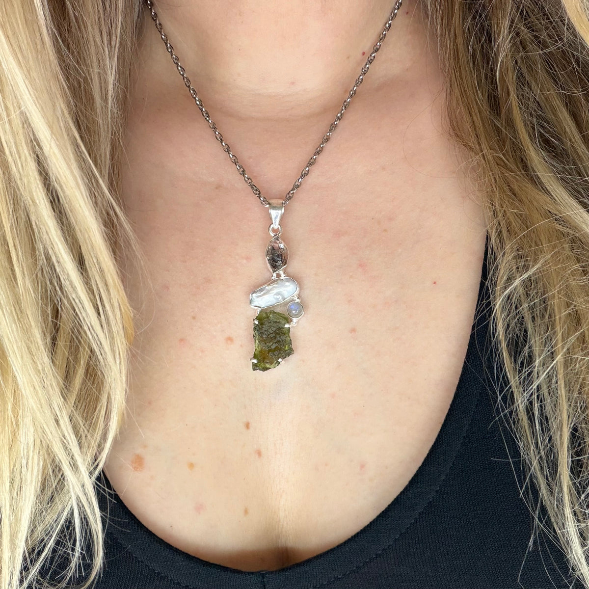 Ciondolo Moldavite, Madreperla, Labradorite, Diamante Herkimer - Argento 925
